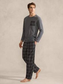 EverLounge Men's Plaid Print Long Sleeve Top And Pants Pajama Set, Spring/Autumn - Dark Grey - View 5