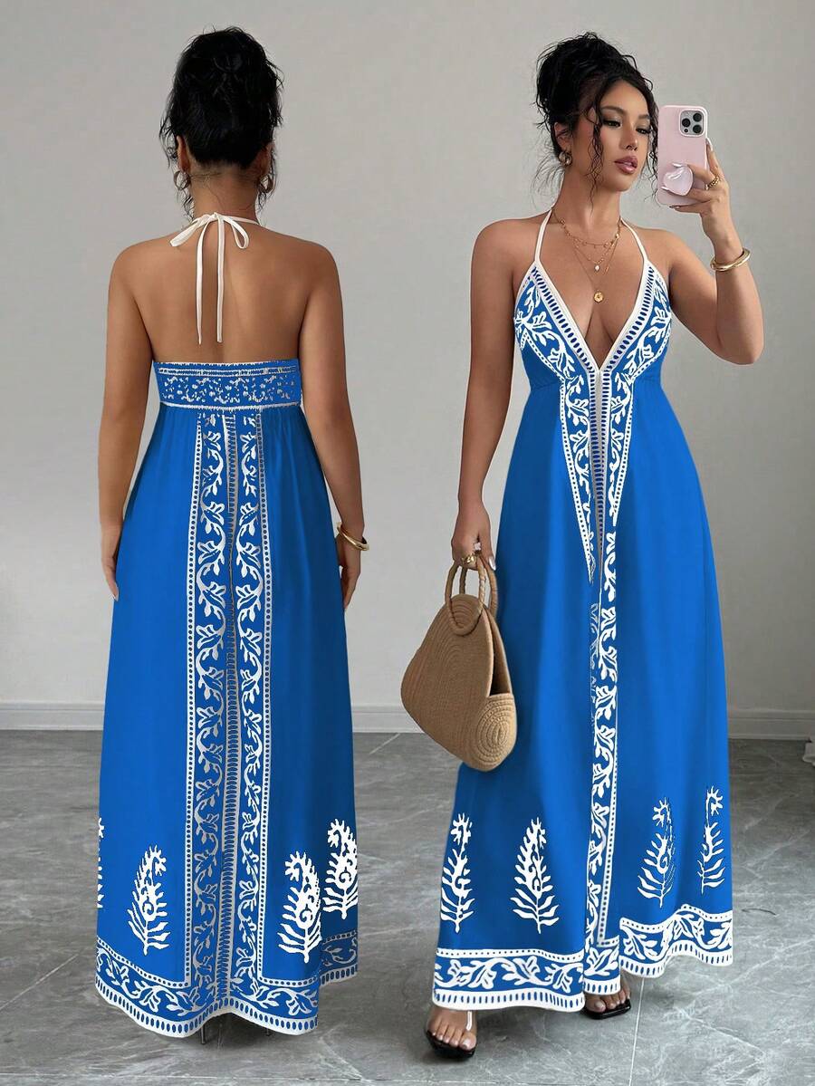 SHEIN Raffinéa 女士碎花深V领连衣裙 - 寶藍色 - 查看 1