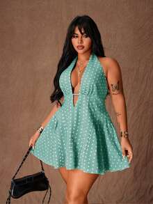 Rustia Plus Size Women's Polka Dot Halter Tie Sexy A-Line Mini Dress - Cadet Blue - View 3