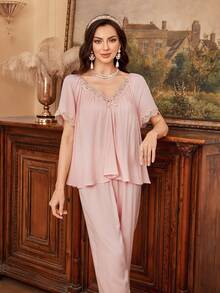 SHEIN Summer Solid Color Loose Lace Patchwork Bow Decor Short Sleeve Top And Wide Leg Pants Pajama Set - Coral Orange - View 6