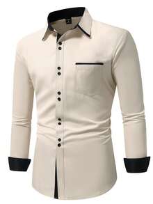 Manfinity Mode Áo sơ mi dài tay nam kiểu dáng thường ngày, phối màu tương phản, đa năng cho mặc hàng ngày và đi làm, thích hợp cho mùa xuân/thu. - Màu be - Xem 4