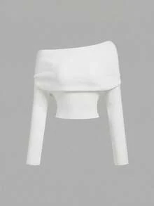 SHEIN MOD Women's Solid Color Fitted Off-Shoulder Long Sleeve Knit Top - White - View 3