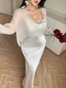 DAZY Women's Sheer Long Sleeve Loose Blouse And Long Satin Slip Dress Elegant 2 Pieces Set - Champagne - View 2