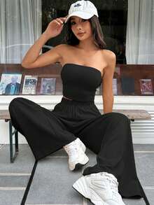 SHEIN EZwear Women's Spring/Summer New Knit Casual Sports Tube Top And Pants Set Black Two Piece Strapless Comfortable - Black - View 5