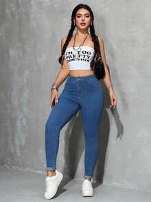 SHEIN SXY 女士纯色简约日常牛仔裤 - 中等水洗藍 - 查看 7