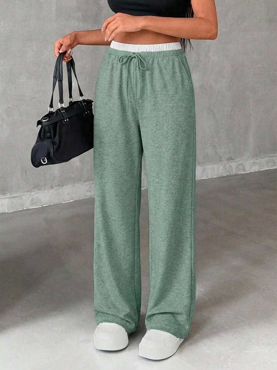 Women's Drawstring Waist Loose Casual Sports Pants Everyday Green And White Summer - Mint Green - View 1