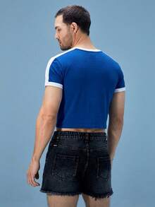 FeverCity Áo thun nam cổ tròn dáng ngắn in chữ Brazil, phối màu tương phản. - Xanh da trời - Xem 3