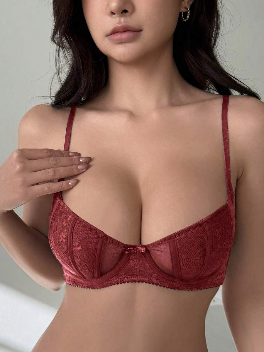 DAZY Áo ngực gợi cảm có đệm mút, dây đeo điều chỉnh được, chất liệu lưới và ren dành cho nữ, nội y nữ. - Gỗ đỏ - Xem 1