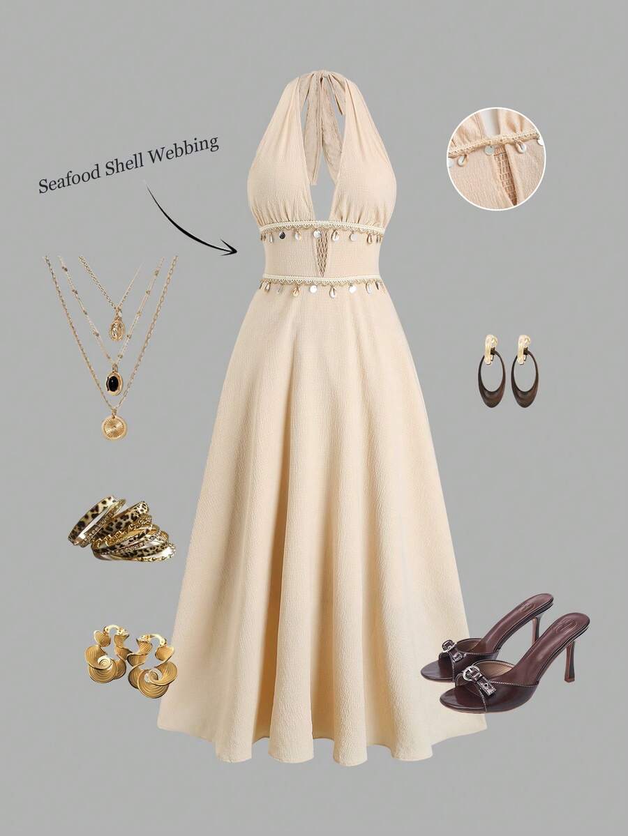 Sweetra Women's Apricot Elegant French Style V-Neck Chain Decor Long Dress, Spring/Summer - Apricot - View 1