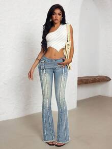 SHEIN PETITE Quần jean denim nữ tối giản, bạc màu, thích hợp mặc hàng ngày. - Màu xanh lam - Xem 4