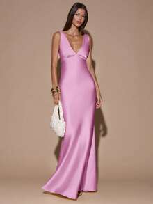 SHEIN BAE Đầm màu vàng kem trơn, tối giản, gợi cảm, cổ chữ V sâu, không tay, hở lưng, thắt nơ, thích hợp cho tiệc tùng, cocktail, các dịp trang trọng, phù dâu, sinh nhật, Giáng sinh, hoặc công sở. - Màu Hồng baby - Xem 4
