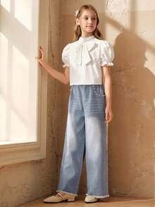 SHEIN 2pcs/Set Fashionable & Elegant Outfit For Tween GirlsWhite Woven Blouse With Puff Sleeves & Detachable Bow + Distressed Denim Wide Leg Pants - White - View 7