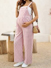 SHEIN Pregnant Women's Plaid Pocket Casual Versatile Daily Wear Bib Overall Wide Leg Pants - Mauve Purple - View 5