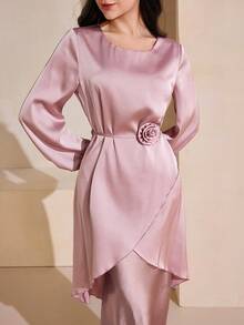 Graceveil Elegante Damen Bluse aus Acetat-Satin mit 3D Blumen Dekor, Bindegürtel und asymmetrischen Ärmeln - Pink - Übersicht 10