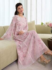 Yasmyna Elegant Floral Print Loose Fit Long Tunic Top With Layered Floral Applique - Multicolor - View 9