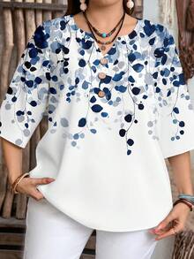EMERY ROSE Plus Size Elegant Blue & White Leaf Print Casual Shirt, Suitable For Summer - Multicolor - View 6