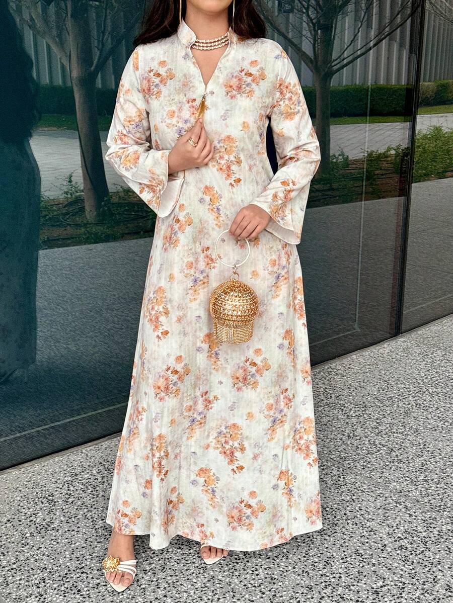 Al Najma 女士优雅缺角领印花喇叭袖连衣裙 - 彩色 - 查看 1