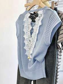 GlowEve Fashionable Lace Patchwork Backless Round Neck Cap Sleeve Hollow Knit Vest, Commuter Style, Women Spring/Summer - Dusty Blue - View 1