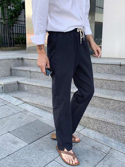 Navy Blue Straight Leg Casual Pants For Men, Spring