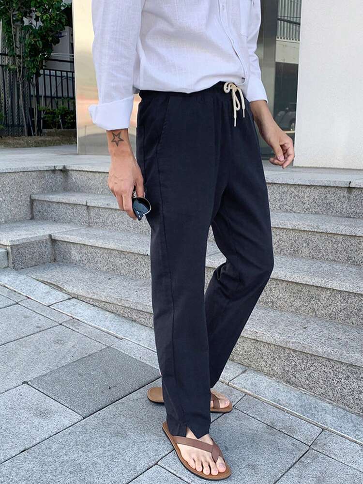 Navy Blue Straight Leg Casual Pants For Men, Spring