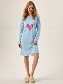 EURMUSE Women's Comfortable Heart Printed Long Sleeve Nightdress - Baby Blue - View 4