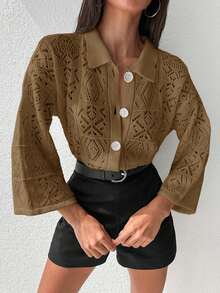SHEIN Cottnline الجاكيت الكاردجان المحبوك اللون الأحادي المفتوح للنساء - بيج - مشاهدة 3