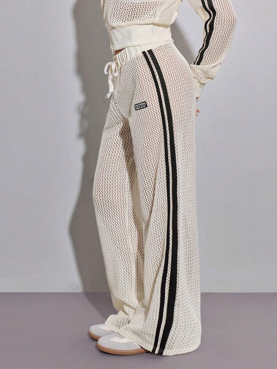 SHEIN ICON Y2k 女式运动休闲运动裤 跑步 透明米色 夏季休闲 条纹拼接 阔腿低腰裤 春夏网眼裤 针织阔腿裤 - 杏色 - 查看 1