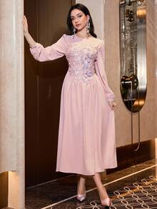 Modelyn Đầm dài thanh lịch thêu hoa, thiết kế hở lưng buộc dây, giúp tôn dáng cho phụ nữ, thích hợp cho các buổi đi chơi và hẹn hò. - Hồng - Xem 4