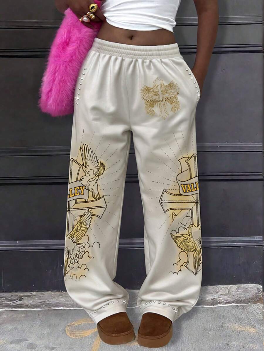 Rovax Women's Plaid Pattern Casual Loose Elastic Waist Straight Leg Pants - Beige - View 1