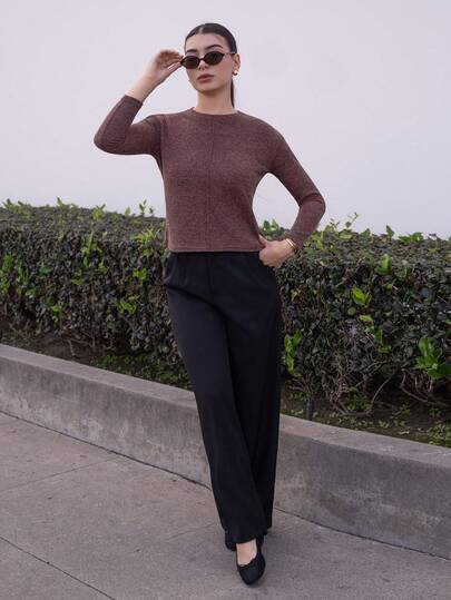 Andrea Bello 女士基本款纯色拼接长袖 T 恤，宽松商务休闲办公装，适合秋季、冬季和春季