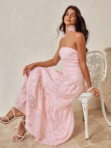 Enchnt Spring/Summer Romantic Women's Pink Jacquard Maxi Tube Dress,Sweet&Elegant For Vacation&Date&Holiday&Going Out,Spring Outfit Women ,Summer Dress - Pink - View 3
