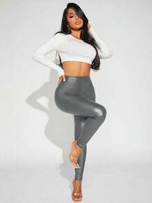 SHEIN Tall CURVE Plus Size Solid Color High Waist Slim Fit Casual Leggings - Grey - View 6
