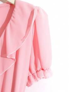 GlowEve Elegant Ruffled Collar Short Sleeve Waist Cinched Flowy Midi Chiffon Dress For Women, Summer - Pink - View 6