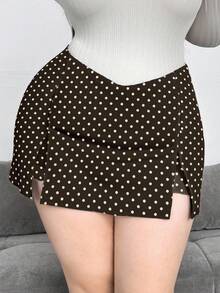 Flirla Váy quần cỡ lớn dành cho nữ, xẻ tà phía trước, họa tiết chấm bi. - Cà phê nâu - Xem 4