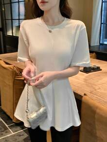 DAZY Women's Round Neck Waist Cinched A-Line Hem Short Sleeve Casual T-Shirt, Summer - White - View 1
