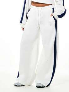 BABYPHAT 侧条纹水钻装饰休闲宽松阔腿高腰抽绳腰带撞色藏蓝色细节白色抓绒舒适裤 - 白色 - 查看 1