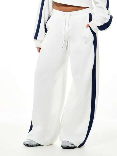 BABYPHAT Side Stripe Sweatpants With Rhinestones Casual Loose Wide Leg High Rise Drawstring Waistband Contrast Navy Blue Detail White Fleece Comfort Pants