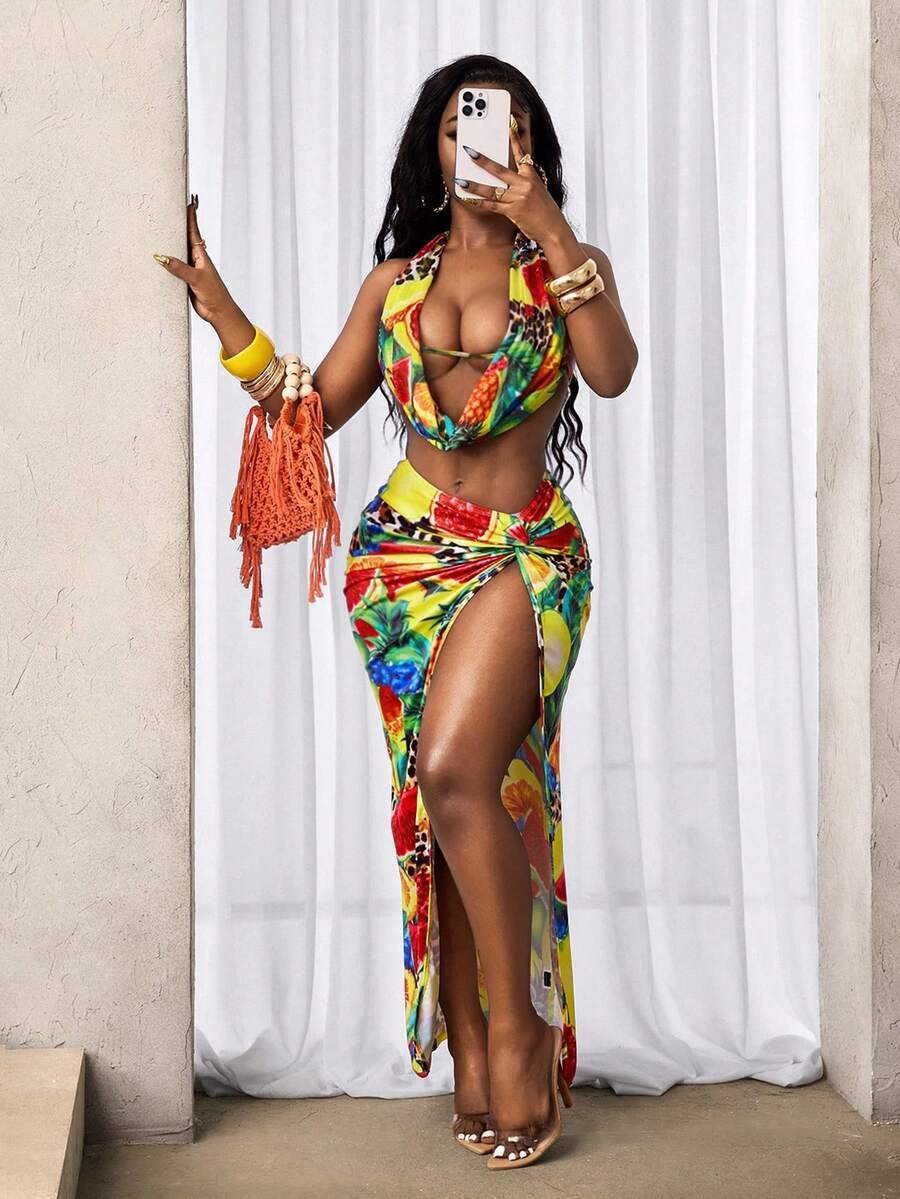 BamGleam Tropical Fruit & Leopard Print Twist Knot High Waist Skirt, Slit Bodycon Fit Vacation Chic Skirt, Spring/Summer New Niche High-End - Multicolor - View 1