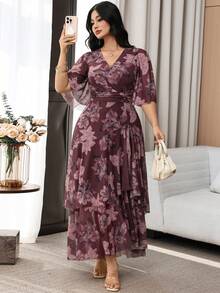 Modelyn Plus Size V-Neck Floral Print Ruched Waist Elegant Party Christening Guest Evening Formal Wedding Dress Burgundy Autumn Fall - Multicolor - View 6