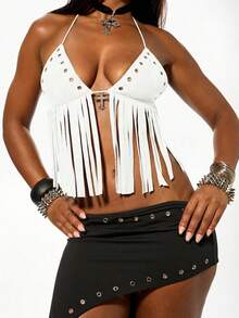 SUMWON WOMEN Faux Suede Halter Fringe Top With Cross Detail And Eyelet Embellishments For Boho Western Style - White - View 4