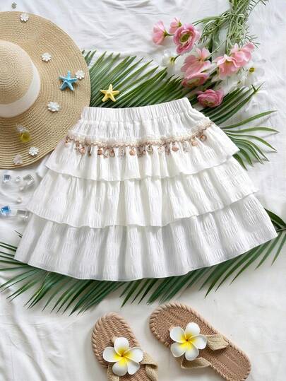 Sparklyn Teen GirlSummer Vacation Style Solid Color Multi-Layer Skirt With Decorative Ruffle, Suitable For Vacation, Outing And Daily Activities