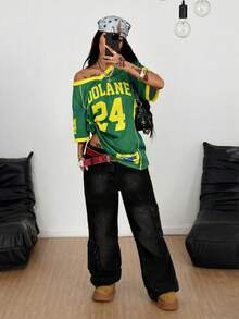 Coolane 女士春夏节日复古街头运动迷彩数字印花棒球衫T恤 - 綠色 - 查看 5