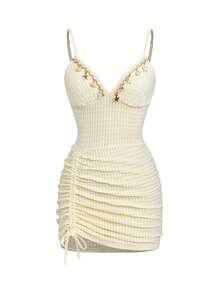 GlowEve Fashionable New Summer Sexy Vacation Spaghetti Strap Waist Cinched Neck Shell Patchwork Asymmetrical Hem Drawstring Short Dress For Women - Apricot - View 3
