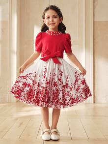 SHEIN Red Polyester Young Girl A Line Midi Dress With Stand Collar And Puff Short Sleeves Flared Hem Plant Pattern For Everyday Casual - Red - View 3