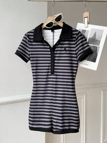SHEIN EZwear Bộ áo liền quần tay ngắn ôm dáng, in họa tiết sọc đen, phong cách thường ngày. - Nhiều màu - Xem 6