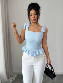 Elenzga Áo kiểu nữ thanh lịch, buộc dây phía trước, cổ vuông, chất liệu jacquard, kiểu dáng thời trang và phù hợp cho các dịp thường nhật, tiệc tùng và họp mặt. - Màu xanh lam - Xem 7