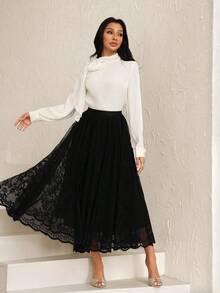 Modelyn Black Elastic Waist Lace Loose Skirt For Women - Black - View 6