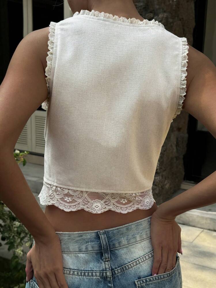 White Lace Patchwork Tie-Up Fitted Tank Top For Women, Spring & Summer