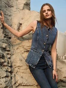 MOTF PREMIUM FITTED DENIM VEST WITH FRONT BUTTONS, SPRING/SUMMER - Dark Wash - View 7