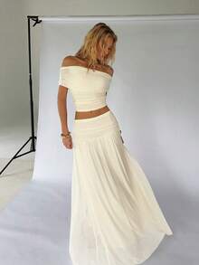 TRNVIE 两件套女士网纱杏白色露肩上衣和高腰长裙，秋冬季 - 杏色 - 查看 7